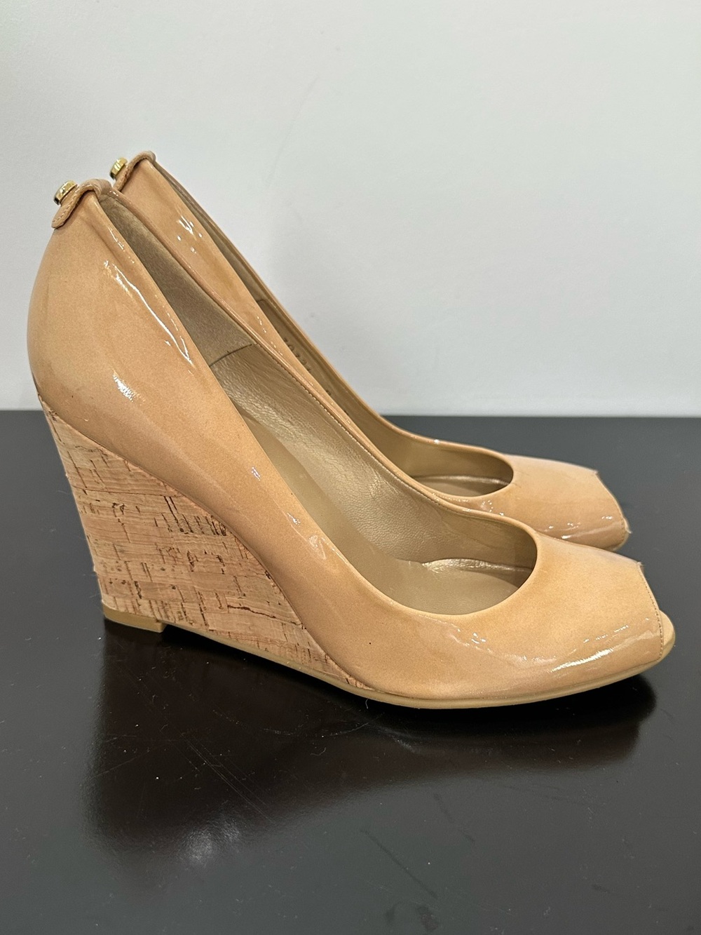 Stuart Weitzman Beige Patent Leather Peep-Toe Cork Wedges